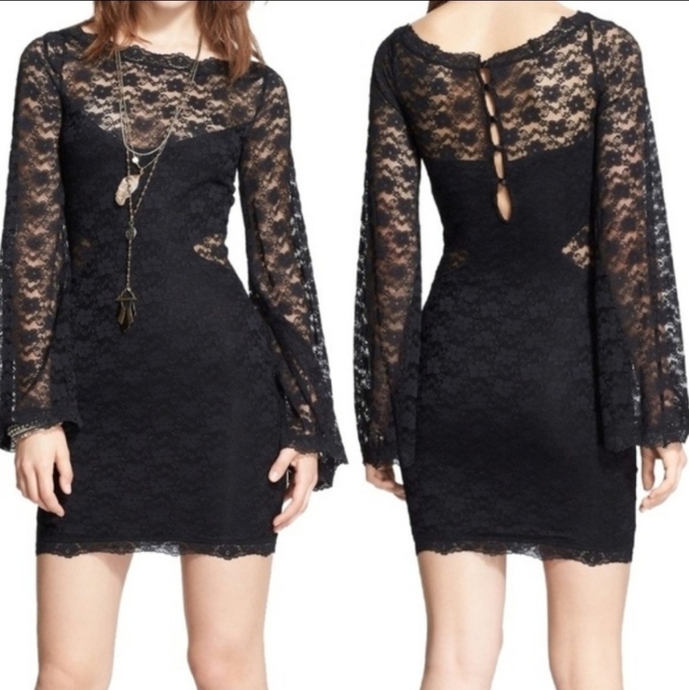 NEW Free People Lovely in Lace Bodycon Mini Dress Black